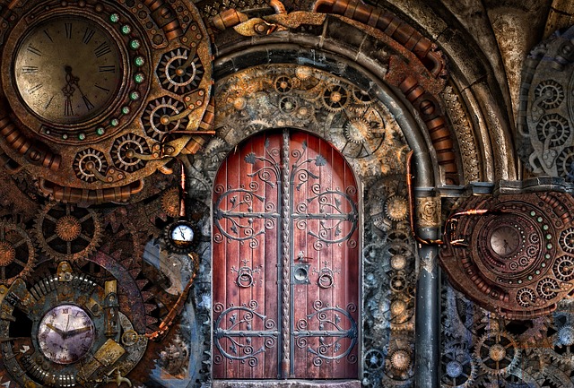 A wooden door with a stone arch surrounding it. The stone arch is littered with cogs and clocks